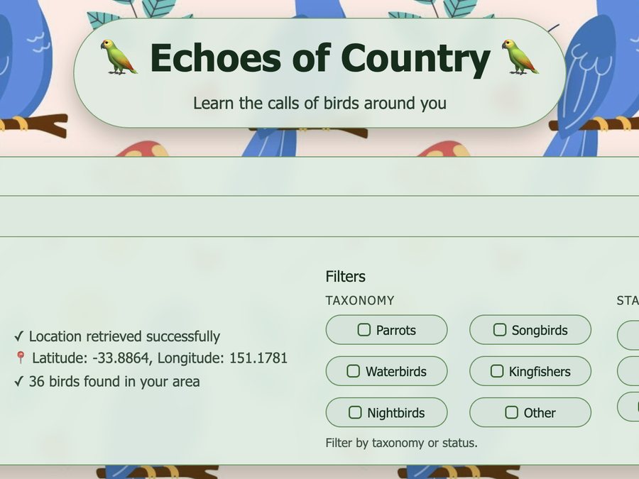 Echoes of Country website: a search box, location result and bird filters over a pattern of blue parrots